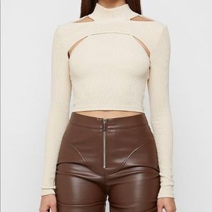 Maniere de voir High Neck Ribbed Crop Top - Beige